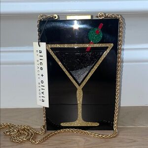 Alice + Olivia Black Acrylic Martini Box Clutch with Gold Glitter